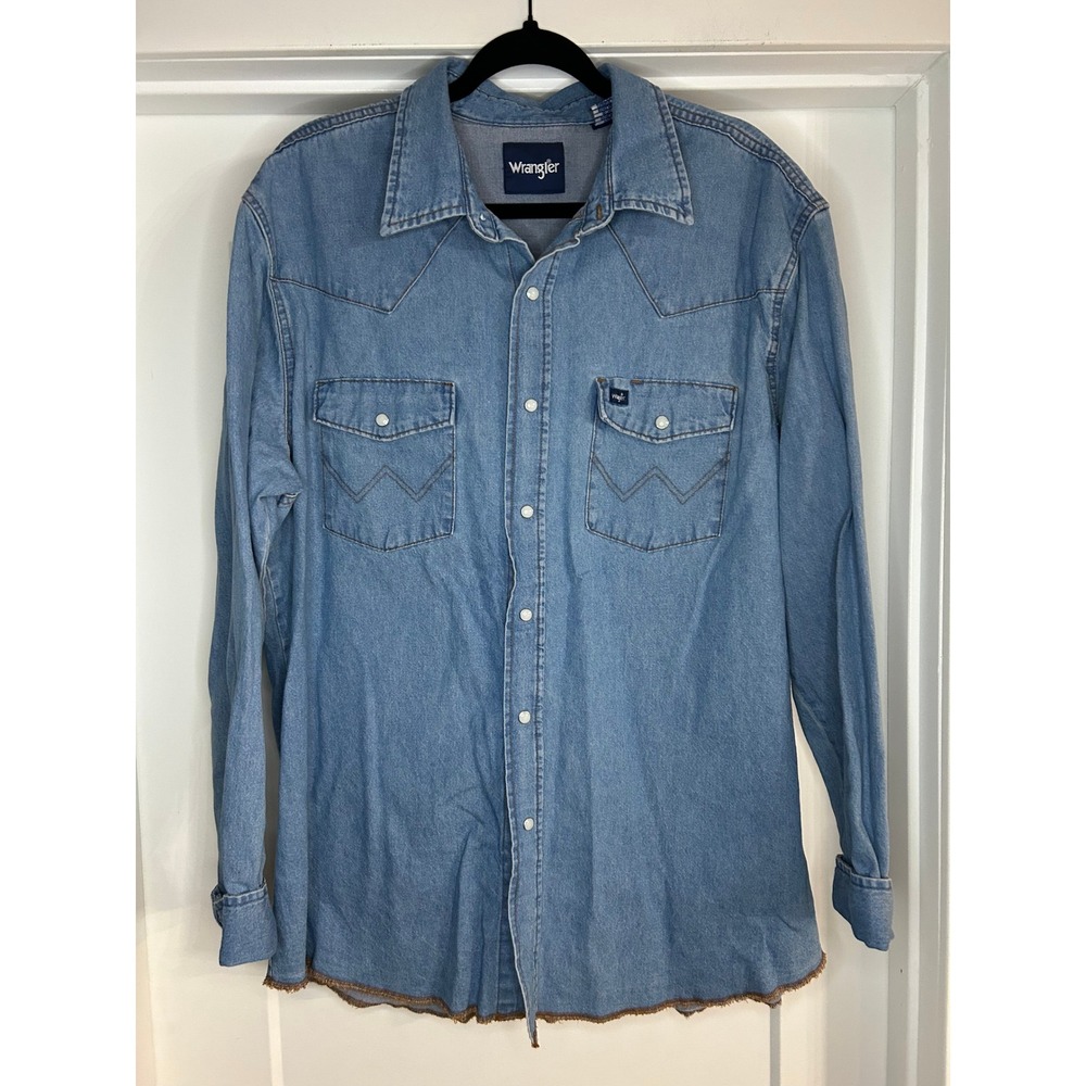Wrangler Western Denim Shirt Pearl Snap Custom Merry Christmas Plaid Patch XL